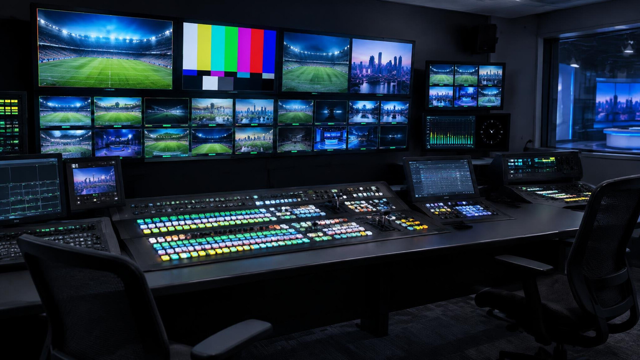 Broadcast control room mixing desk