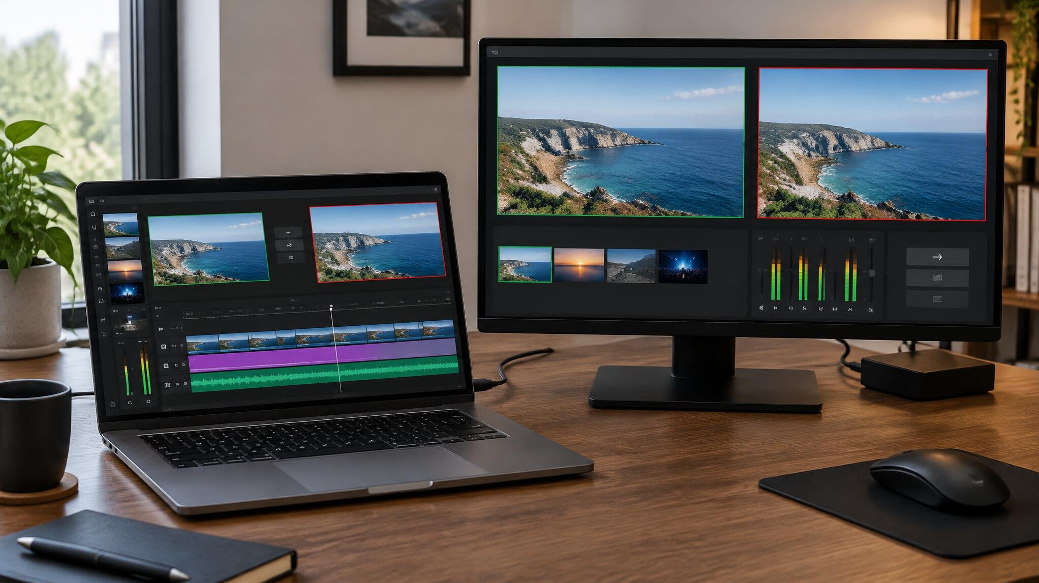 Laptop and screens with video software